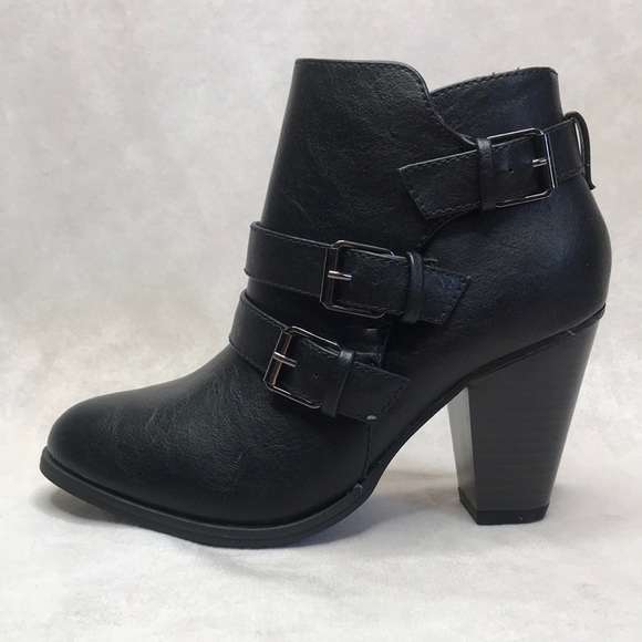 Shoes - Black Faux Leather Buckle Booties